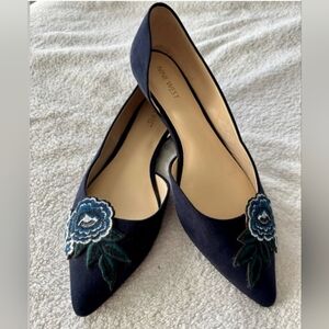 Nine West Navy Pointed Toe Flats with Blue Floral Embroidery